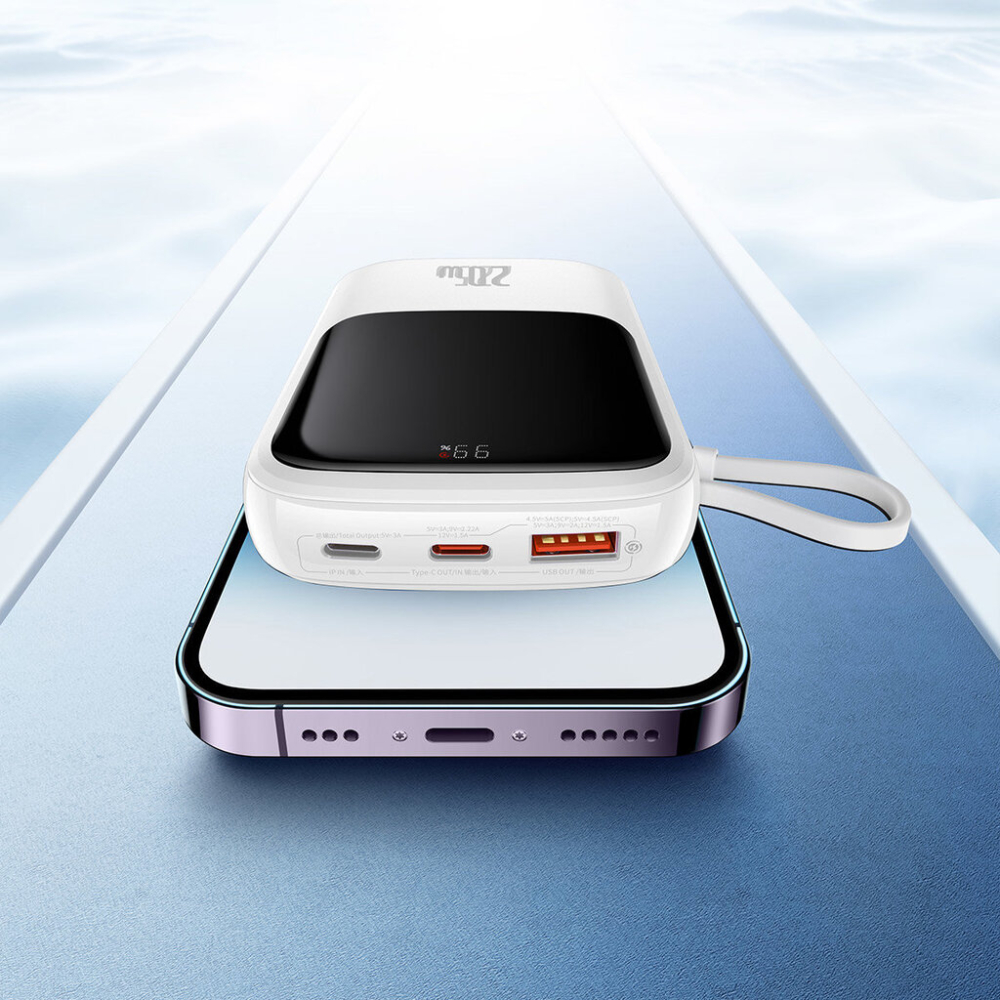 Lādētājs-akumulators (PowerBank) Baseus Qpow Pro ar Lightning kabeli, USB-C, USB, 10000mAh, 20W (balts)
