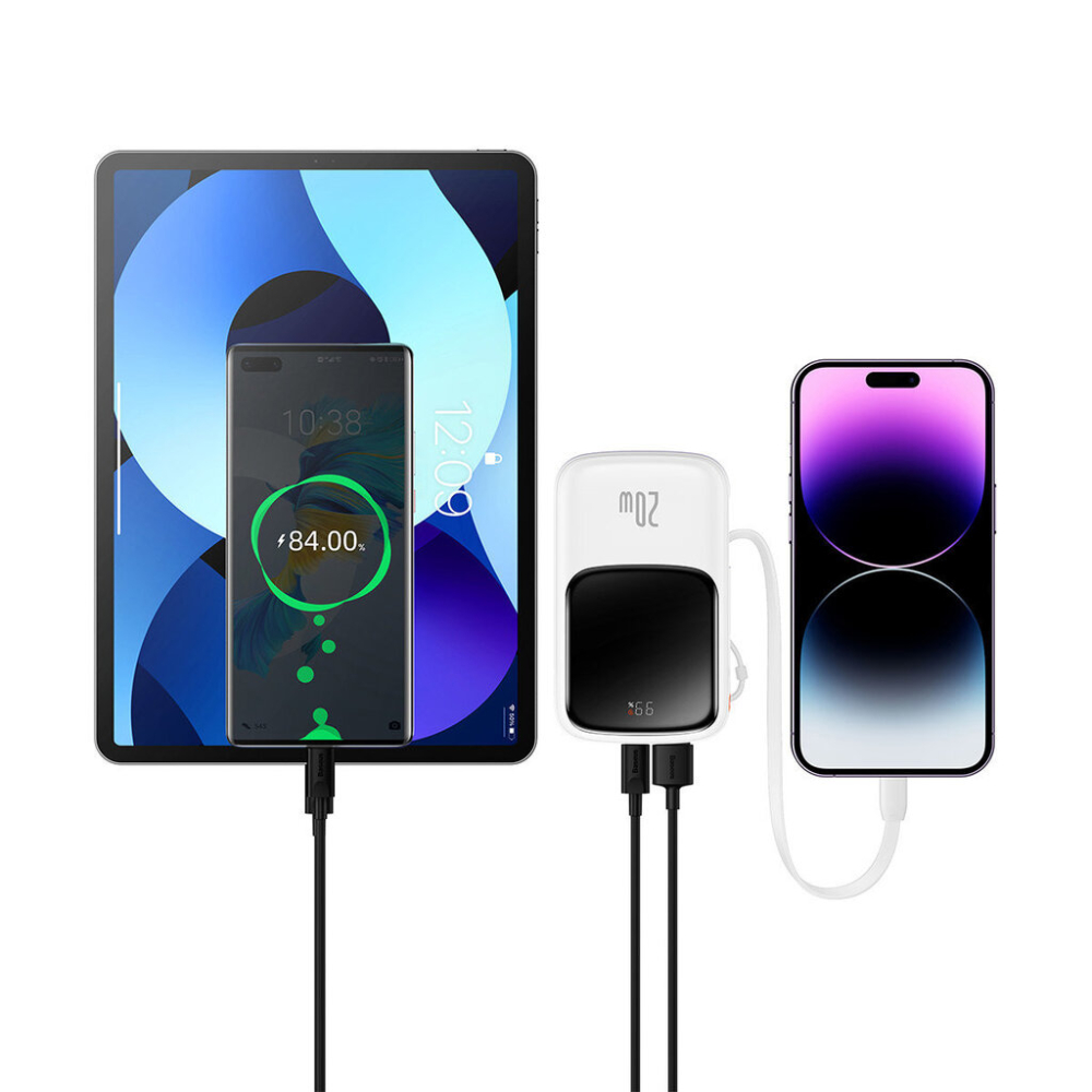 Lādētājs-akumulators (PowerBank) Baseus Qpow Pro ar Lightning kabeli, USB-C, USB, 10000mAh, 20W (balts)